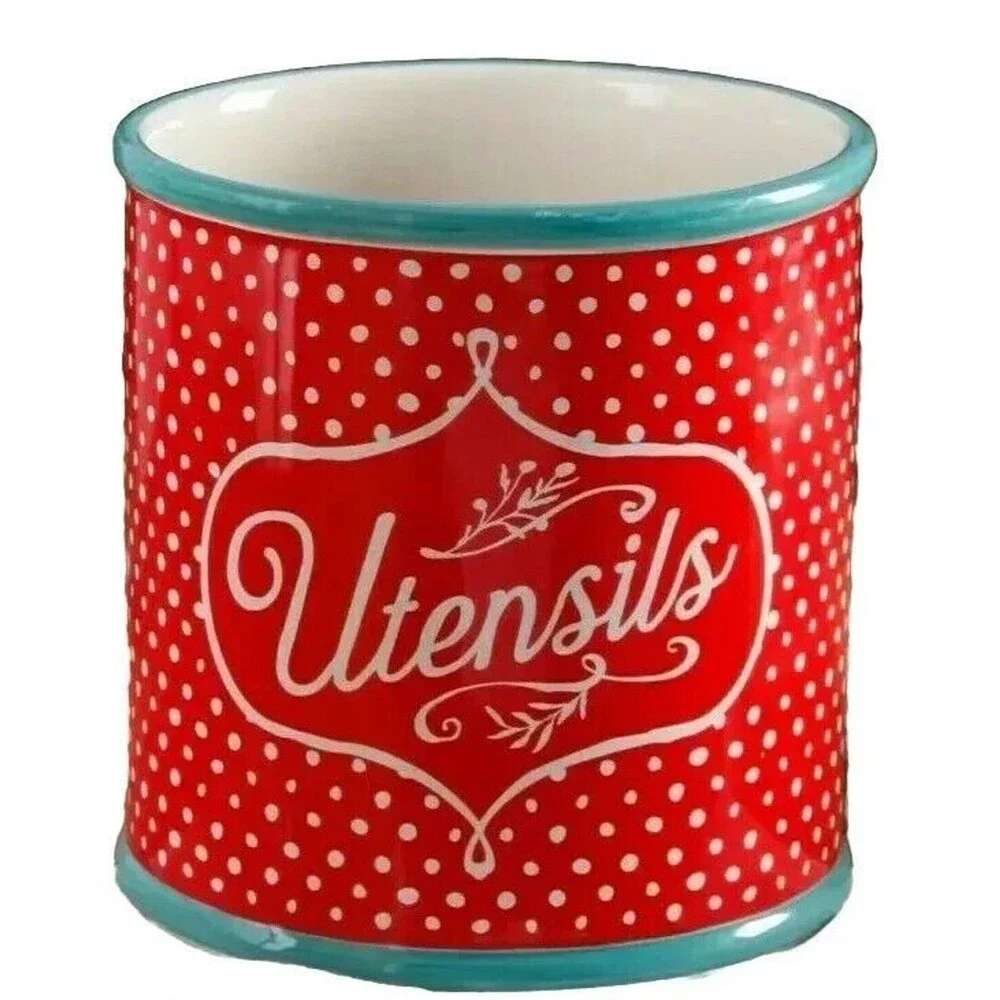 Pioneer Woman Flea Market Utensil Crock Red White Dots Turquoise Stoneware Gift